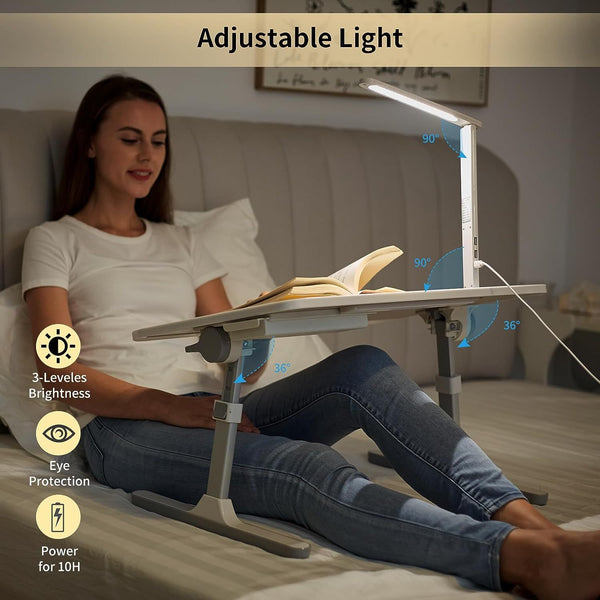 Portable Desk + LED Light & Drawer Adjustable Laptop Stand for Bed Sofa Reading or Studying