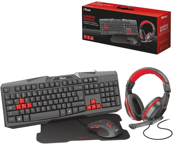 Trust VIVA Gaming Keyboard Mouse Mat Headset Headphones/Mic Bundle Set Black Gamers Combo 22594