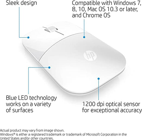 HP - PC Z3700 Wireless Mouse, Precise Sensor, Blue LED Technology, 1200 DPI, 3 Buttons, Scroll Wheel, 2.4 GHz Wireless USB Receiver Included, Practical and Comfortable Design, White
