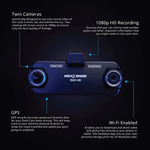 Nextbase DUO HD Full 1080p In-Car Dash Cam Front and Back 140° Facing Camera WiFi Black CAMERA MAINS ONLY (NBDVRDUOHD)