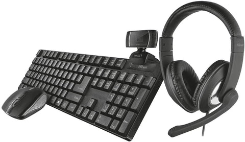 Trust Qoby 4-in-1 Complete Home Office Bundle Wireless Qwerty Keyboard, Mouse, Headset, Webcam Set - Black