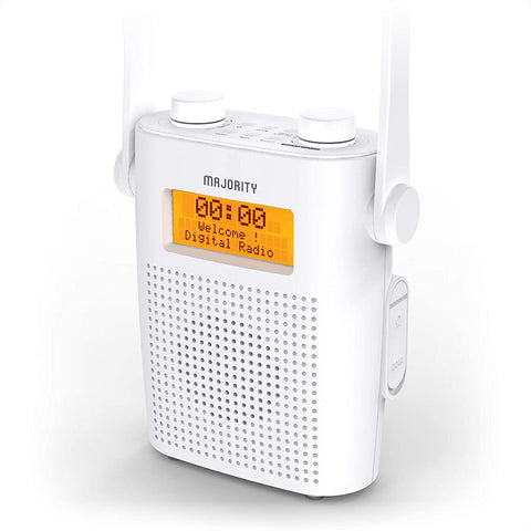 MAJORITY Eversden DAB Water Resistant Portable Shower Radio Bluetooth Mains Powered & Rechargeable Battery White
