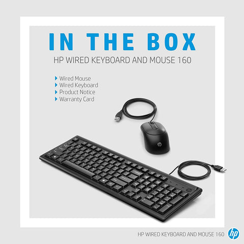 HP Wired PC Keyboard & Mouse 160 Combo Set, USB, Height Adjustable UK Layout + 1000 DPI Mouse, for Home Office Computer Windows Mac OS - Black