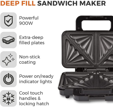 Tower T27013BM Deep Fill Sandwich Maker, Automatic Temp Control, Non Stick Deep Fill Plates, Silver